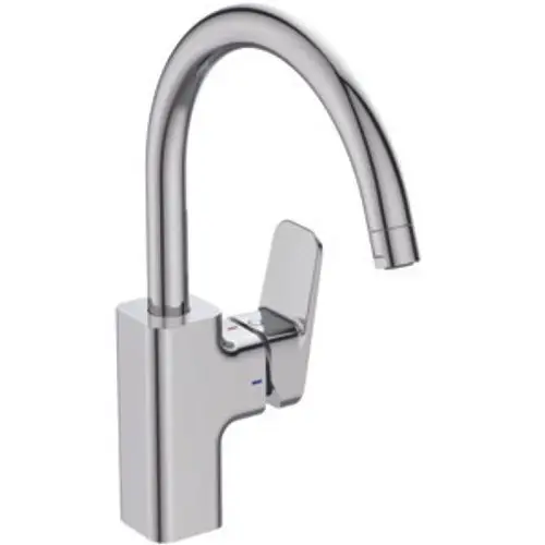 Küchenarmatur mit gebogenem Auslauf und einem Hebel zur Temperatureinstellung, aus Chrom gefertigt. Produkt von Ideal Standard.